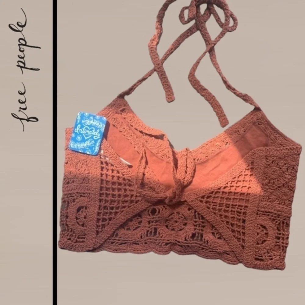 FREE PEOPLE Sydney Crochet Halter-Ties Open Back Crop Top/Bralette-Lg NWT - Picture 14 of 16